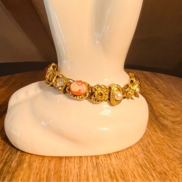 SOLD! Victorian Revival Gold Tone Slide Charm Bracelet with Uranium Glass - Picture 4 of 8